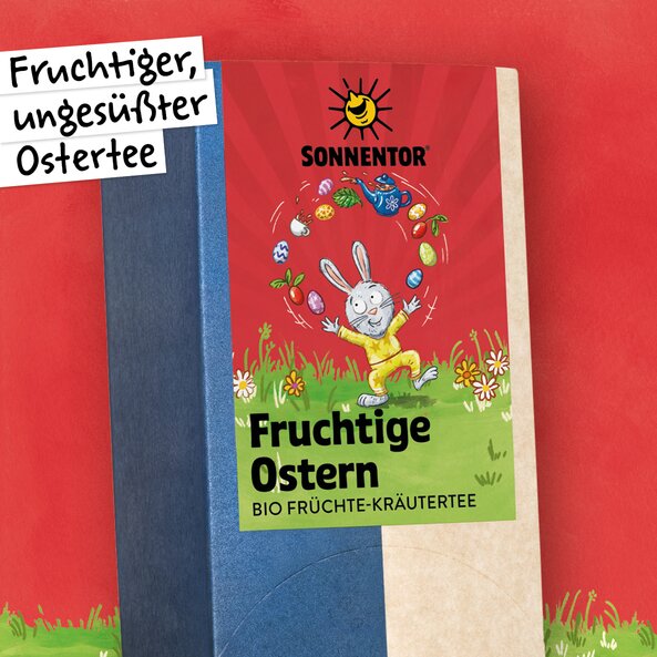 SONNENTOR Fruity Easter organic fruit herbal tea, packaging with bunny and Easter eggs