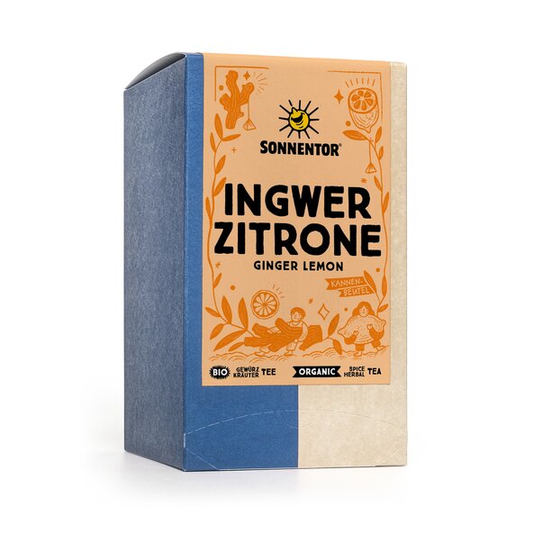 Ingwer Zitrone Tee im Kannenbeutel - Verpackung mit kleinen Illustrationen zB Zitronenscheibe und Ingwer